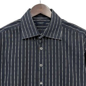 Burberry London Vtg Mens Sz 17/43 Button Front Monogram Spellout Shirt Dark Blue